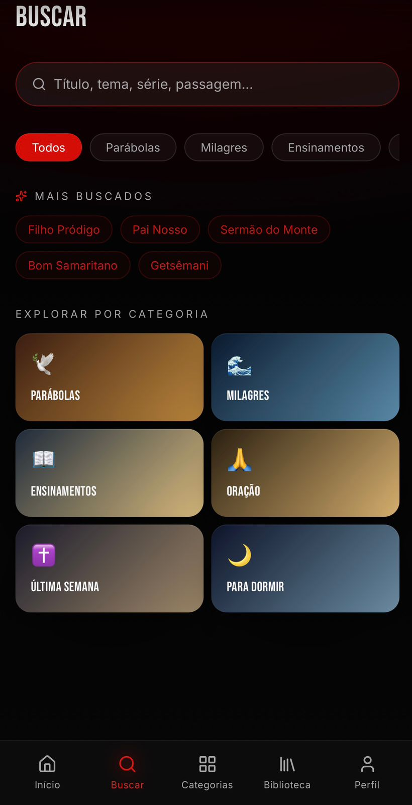 Tela de busca e categorias JESUSFLIX